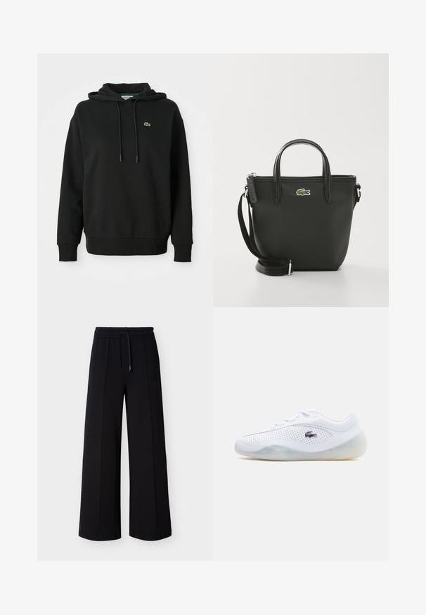 Sudadera negra de tejido suave, con bolsillo tipo canguro, capucha con cordón y un pequeño logo verde de Lacoste en el pecho.; Pantalones negros de pierna ancha hechos de tela suave, con una cintura elástica con cordón y costuras laterales para un ajuste relajado.; Zapatilla blanca de caña baja con laterales perforados, suela translúcida, cordones y un logotipo de cocodrilo negro de Lacoste en el lateral exterior.; Bolso tote sintético negro con asas superiores dobles, correa de hombro desmontable, cierre de cremallera y un acento del logo del cocodrilo verde de Lacoste.