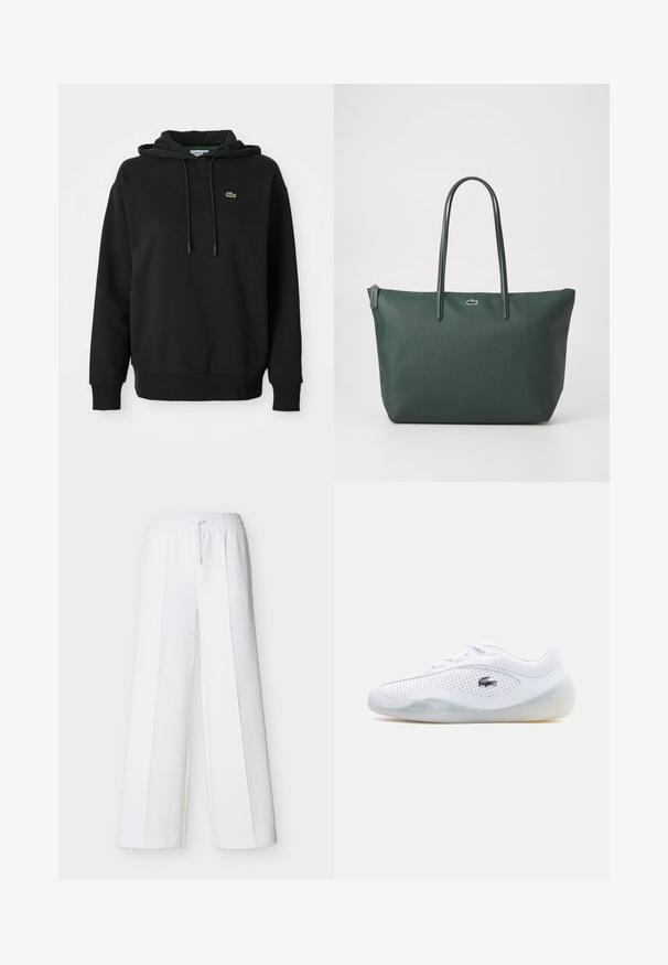 Sort hættetrøje lavet af blød stof, med en kængurulomme, snoretræk i hætten og et lille grønt Lacoste-logo på brystet.; Hvide bukser med vide ben, elastisk talje og snøre. Fremstillet af blødt stof med lodrette sømme for et skræddersyet udseende.; Hvid sneaker med lavt skaft, perforerede sider, gennemsigtig sål, snørebånd og en sort Lacoste krokodillelogo på ydersiden.; Mørkegrøn taske lavet af struktureret materiale med to lange håndtag, der har et lille logo på fronten og en lynlåslukning.