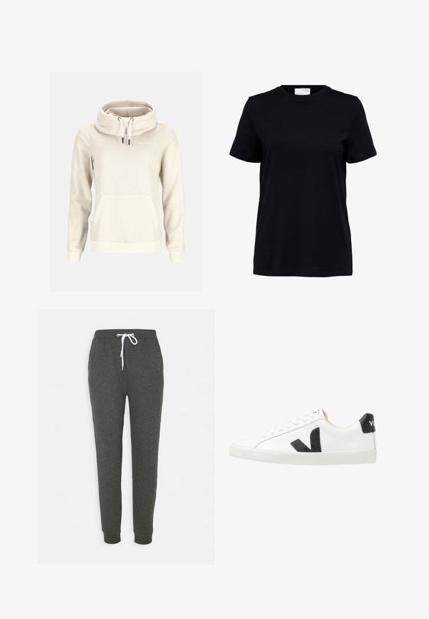 Beige hættetrøje med lange ærmer, høj krave, hvide snore, front kængurulomme og lille "Swedemount"-logo på brystet.; Sort kortærmet t-shirt med rund halsudskæring, lige kant og en hvid label på bagsiden indeni kraven.; Grå sweatpants lavet af et blødt stof, med en elastisk talje med et hvidt snøre, sidelommer og indsnorende ben.; Hvide sneakers med et sort V-logo, der har en glat læderoverdel, rund tå, snørrelukning og en kontrasterende sort hælflap.
