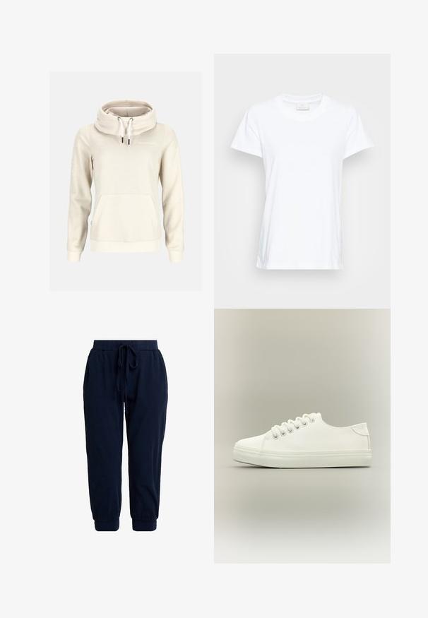 Beigefarbener Hoodie mit langen Ärmeln, hohem Kragen, weißen Kordeln, Kängurutasche vorn und kleinem "Swedemount"-Logo auf der Brust.; Weißes Kurzarm-T-Shirt aus weicher Baumwolle. Mit rundem Halsausschnitt und einem leicht lockeren Schnitt sowie seitlichen Schlitzen für zusätzlichen Komfort.; Marineblaue Jogginghosen aus weichem Stoff. Verfügen über einen elastischen Bund mit Kordelzug und abgesteppte Beinabschlüsse für eine lockere Passform.; Weißer Low-Top-Sneaker mit weißen Schnürsenkeln und Gummisohle, seitlich auf neutralem Hintergrund dargestellt.