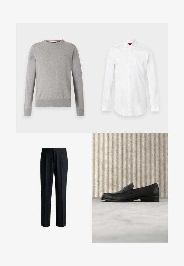 Pull gris avec col rond, manches longues, poignets et ourlet côtelés, avec un logo discret sur la poitrine et des accents rayés au niveau de l'encolure.; Chemise blanche à manches longues avec col pointu et patte de boutonnage cachée, présentée sur un fond clair uni.; Pantalons noirs en tissu lisse, avec une coupe droite, des plis à l'avant et une fermeture à bouton avec passants de ceinture.; Mocassin en cuir noir flottant au-dessus d'un tapis beige avec une table ronde brune brillante en arrière-plan.