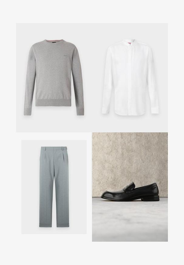 Pull gris avec col rond, manches longues, poignets et ourlet côtelés, avec un logo discret sur la poitrine et des accents rayés au niveau de l'encolure.; Chemise blanche à manches longues avec col officier et patte de boutonnage cachée, présentée sur un fond clair uni.; Pantalons gris clair en tissu texturé avec un design à jambes droites, plis simples et ourlets retroussés. Apparence minimaliste et sur mesure.; Mocassin en cuir noir avec un accent métallique, présenté en lévitation au-dessus d'un tapis beige, avec une table ronde de couleur ambre en arrière-plan.