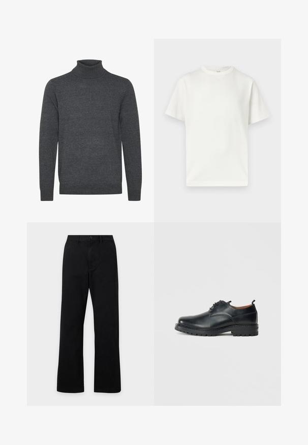 Grå turtleneck sweater lavet af blødt strikket stof. Har en ribbet halsåbning og manchetter, lange ærmer, og et enkelt, udekoreret design.; Hvid kortærmet T-shirt med rund hals, vist fladt mod en hvid baggrund med et synligt GAP-mærke indeni kraven.; Sorte bukser med lige ben, knappelukning, forlommer og bæltestropper på en ensartet lys baggrund.; Sorte læder derby-sko med en glat overflade, rund tå, snøre-design og en tyk, robust gummisål.