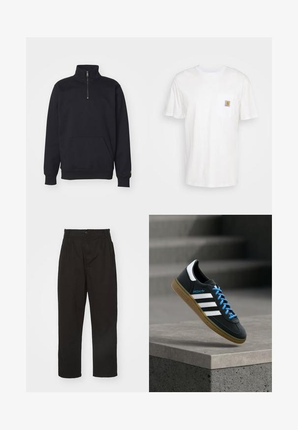 Sort fleece sweatshirt med kvart lynlås, høj krave, ribbede manchetter, kengurulomme og en lille guld logo accent på ærmet.; Hvid bomulds T-shirt med korte ærmer, en brystlomme, og et lille firkantet logo patch i orange og hvid på lommen.; Sorte bukser lavet af glat stof, med knaplukning, lige pasform og to frontfolder for ekstra detalje.; Sort Adidas sneaker med hvide striber, blå snørebånd og gummisål, der svæver over gråt betontrin i blødt lys.