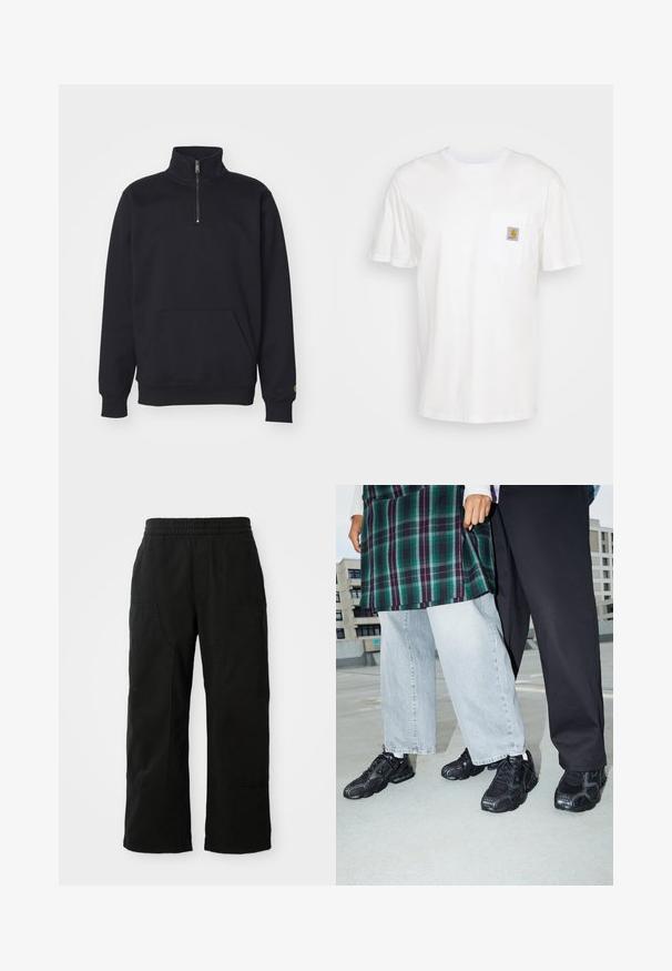 Schwarzer Fleece-Quarter-Zip-Sweatshirt mit hohem Kragen, gerippten Bündchen, Kängurutasche und kleinem goldenen Logo-Akzent am Ärmel.; Weißes Baumwoll-T-Shirt mit kurzen Ärmeln, einer Brusttasche und einem kleinen quadratischen Logopatch in Orange und Weiß auf der Tasche.; Schwarze Baumwollhosen mit einem elastischen Bund, weitem Beinansatz und großen Seitentaschen. Der Stoff wirkt weich mit einer glatten Textur.; Schwarze Sportschuhe mit Mesh- und Gummielementen. Kombiniert mit hellgrauen weiten Jeans und einem karierten grünen Oberteil. Flacher Hintergrund.