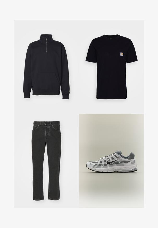 Zwarte fleece sweatshirt met een kwart rits, hoge kraag, geribde manchetten, een kangoeroezak en een kleine gouden logo-accent op de mouw.; Zwarte katoenen t-shirt met korte mouwen, ronde hals en een borstzak met een klein, vierkant logo patch. Eenvoudig, stevig ontwerp.; Zwarte denim jeans met een recht gesneden ontwerp, klassieke vijf-pocket styling, knoop tailleband en een vervaagde afwerking. Gladde textuur, geen zichtbare patronen.; Wit-grijze Nike P-6000 sneaker met zwarte swoosh, mesh panelen en gestructureerde zool, zijaanzicht op een neutrale achtergrond.