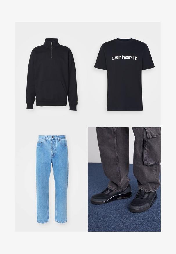 Schwarzer Fleece-Quarter-Zip-Sweatshirt mit hohem Kragen, gerippten Bündchen, Kängurutasche und kleinem goldenen Logo-Akzent am Ärmel.; Schwarzes Baumwoll-T-Shirt mit kurzen Ärmeln und Rundhalsausschnitt; zeigt das weiße "Carhartt"-Logo, das quer über die Brust gedruckt ist. Glatte Textur, schlichtes Design.; Hellblaue Denim-Jeans verfügen über ein gerades Bein-Design, fünf Taschen und einen klassischen Knopfverschluss am Bund.; Schwarze Sportschuhe mit einer strukturierten Oberfläche, glatten Akzenten und einer chunky Sohle, kombiniert mit dunklen, lässig sitzenden Cargo-Hosen.