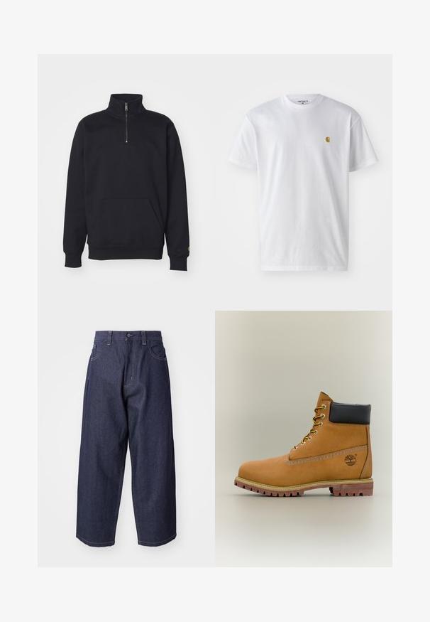 Schwarzer Fleece-Quarter-Zip-Sweatshirt mit hohem Kragen, gerippten Bündchen, Kängurutasche und kleinem goldenen Logo-Akzent am Ärmel.; Weißes Baumwoll-T-Shirt mit kurzen Ärmeln, Rundhalsausschnitt, mit einem kleinen goldenen Logo im linken Brustbereich. Weicher Stoff und normale Passform.; Dunkelblaue Denim-Jeans mit einem lockeren, weiten Schnitt. Zu den Merkmalen gehören ein Knopfverschluss, Fronttaschen und sichtbare Nähte.; Brauner Leder-Stiefelette mit schwarzem Kragen, gelben Schnürsenkeln und hellbrauner Sohle. Verfügt über ein Logo und weiße Ziernähe. Robuste Profilsohle.