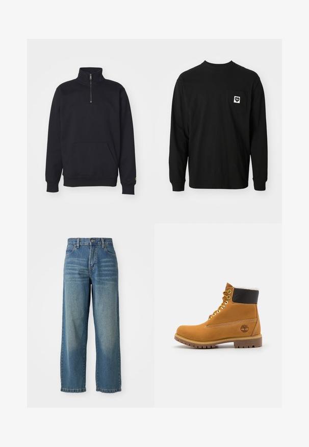Schwarzer Fleece-Quarter-Zip-Sweatshirt mit hohem Kragen, gerippten Bündchen, Kängurutasche und kleinem goldenen Logo-Akzent am Ärmel.; Schwarzes Langarm-T-Shirt aus Baumwolle mit Rundhalsausschnitt und einer Brusttasche, die ein Herzlogo und einen Text zeigt.; Helle blaue Denim-Hose im weit geschnittenen Stil mit hoher Taille, fünf Taschen und einem leicht verwaschenen Finish. Verfügt über einen Knopf- und Reißverschluss.; Braune Leder-Ankle-Boots mit Metallösen, weißem Kunstfellfutter, schwarzem gepolstertem Kragen, robustem Sohlenprofil und geprägtem Logo an der Seite.