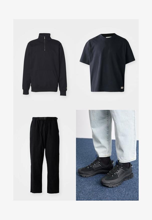 Sort fleece sweatshirt med kvart lynlås, høj krave, ribbede manchetter, kengurulomme og en lille guld logo accent på ærmet.; Marineblå kortærmet T-shirt med rund hals og et lille rektangulært brandlogo nær den nederste søm på forsiden til højre.; Sorte, letvægtsbukser med lige ben, elastisk talje, justerbart bælte og forstærkede knælapper. Ingen synlige mønstre eller accenter.; Sorte træningssko med tekstureret stof og gummisåler, udstyret med elastiske snørebånd og en blå detalje på hælen. Bæres med lyse denimbukser.