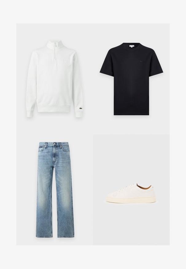 Sweat-shirt blanc à manches longues avec fermeture éclair au quart, col montant, poignets et ourlet côtelés, logo Lacoste sur le poignet et écusson sur la poitrine à l'avant.; T-shirt noir à manches courtes avec col rond, orné d'un petit logo crocodile ton sur ton sur le côté gauche de la poitrine.; Jean droit en denim bleu clair avec taille haute, cinq poches, fermeture à boutons et léger délavage sur les cuisses et les genoux.; Baskets blanches basses avec un design à lacets, des détails de couture minimalistes, et une semelle couleur crème sur un fond gris clair.