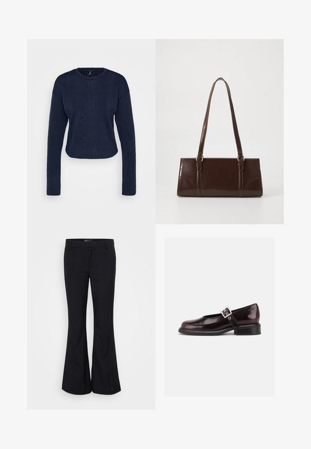 Tumehitsiga lühike kampsun tekstuuriga kudumisest, millel on pikad varrukad, ümar kaelus ja keerukad nööride mustrid kogu ulatuses.; Gina Tricot Tall RELAXED TROUSERS - Püksid - black; Üksik läikiv tume burgundi Mary Jane jalanõu lai rihma ja hõbedase punniga, madala kand ja ümar ninaga valgel taustal.; Pruun läikiv naha käekott, millel on ristkülikuline kuju, kaks pikka käepidet ja esipaneelil peened kõverad aktsendid.