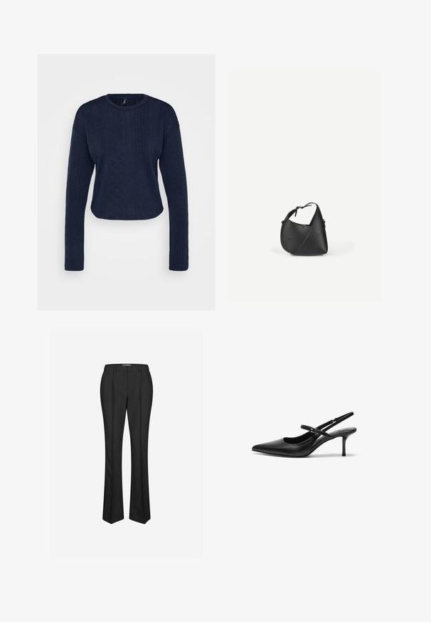 Pull court bleu marine en tricot texturé avec des manches longues, présentant un col rond et des motifs en relief élaborés.; Envii AUSTION PANTS - Pantalon classique - black; Talons aiguilles noires en cuir avec un bout pointu, une fine bride réglable, et un talon aiguille d'environ 5 cm, texture lisse.; Sac à bandoulière en cuir noir avec une forme triangulaire arrondie et une sangle réglable sur un fond clair uni.