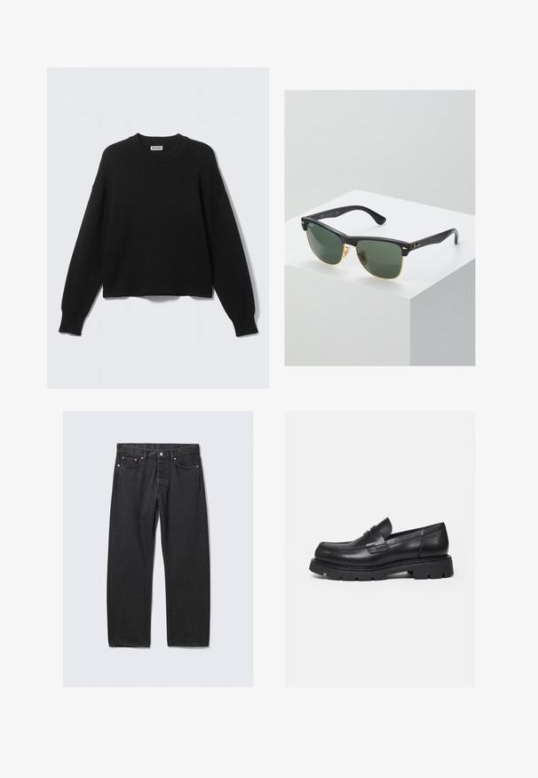 Pull noir tricoté avec un col rond, des coutures tombantes aux épaules, et des poignets et ourlet côtelés. Design simple et uni, sans motifs.; Jean noir droit avec cinq poches et une fermeture bouton à la taille, posé à plat sur un fond clair.; Mocassin en cuir noir avec semelle épaisse crantée et détail de bride penny, présenté en profil droit sur fond blanc.; Lunettes de soleil Ray-Ban avec des verres verts, monture en plastique noir et accents dorés sur les bords. Forme carrée avec une finition mate.