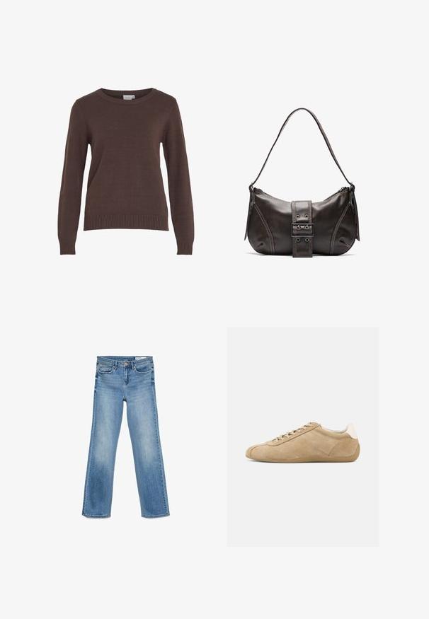VILA VIRIL O-NECK L/S KNIT TOP - NOOS - Svetrík - coffee bean; Svetlomodré denimové džínsy s klasickým dizajnom piatich vreciek, so zapínaním na gombík a zips, a strihom s rovnými nohavicami.; Béžová semišová teniska s hladkou textúrou, zaoblenou špičkou, ľahkým šnurovaním a kontrastným bielym akcentom na päte. Pružná gumová podrážka.; Hnedá kožená taška cez plece s zakriveným tvarom, s výrazným detailom sponky, kontrastným prešívaním a jedným popruhom na plece.