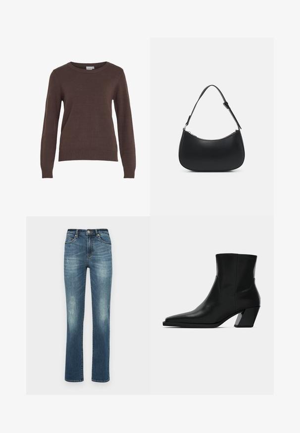 VILA VIRIL O-NECK L/S KNIT TOP - NOOS - Svetrík - coffee bean; Modré denimové rifle so strihom rovného nohu, s jemným vyblednutím, klasickým usporiadaním piatich vreciek a viditeľnými švovými detailmi.; Čierna kožená členková topánka s špicatou špičkou, elegantným siluetou a masívnym štvorecovým podpätkom. Hladký povrch s minimálnymi švovými detailmi.; Pieces PCALUANA SHOULDER BAG - Kabelka - black