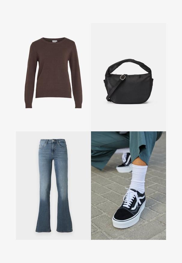 VILA VIRIL O-NECK L/S KNIT TOP - NOOS - Svetrík - coffee bean; Svetlomodré riflové nohavice s vysokým pásom, zapínaním na gombík a zips, prednými a zadnými vreckami a rozšírenými nohavicami.; Čierne semišové tenisky s bielymi akcentmi a šnúrkami, s hrubou bielou podrážkou a kontrastným prešívaním, doplnené o bielu ponožku.; Čierna látková taška na rameno s prekrútenou rukoväťou, odnímateľným popruhom a zipsom na vrchnom uzáveru. Hladký povrch a minimalistický dizajn.