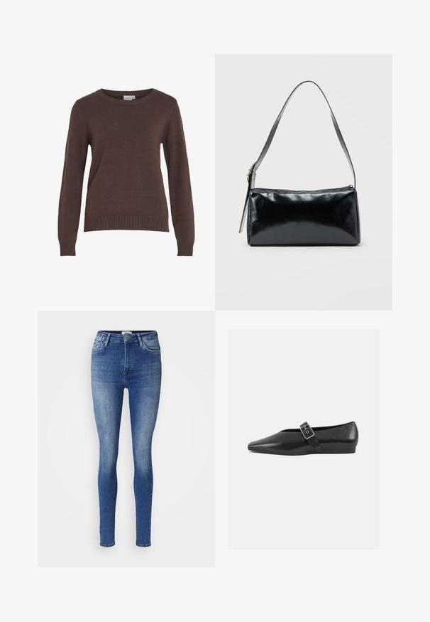 VILA VIRIL O-NECK L/S KNIT TOP - NOOS - Striktrøje - coffee bean; Trendy slim jeans i mellemblå denim med en slidt finish. Har et klassisk fem-lommers design og en mellemhøj talje.; Sorte læder flade sko med spidse tæer, prydet med en metallisk spænde over vristen og en lav, fleksibel sål.; Sort rektangulær skuldertaske med en enkelt justerbar rem og lynlås i toppen på en ensfarvet baggrund.