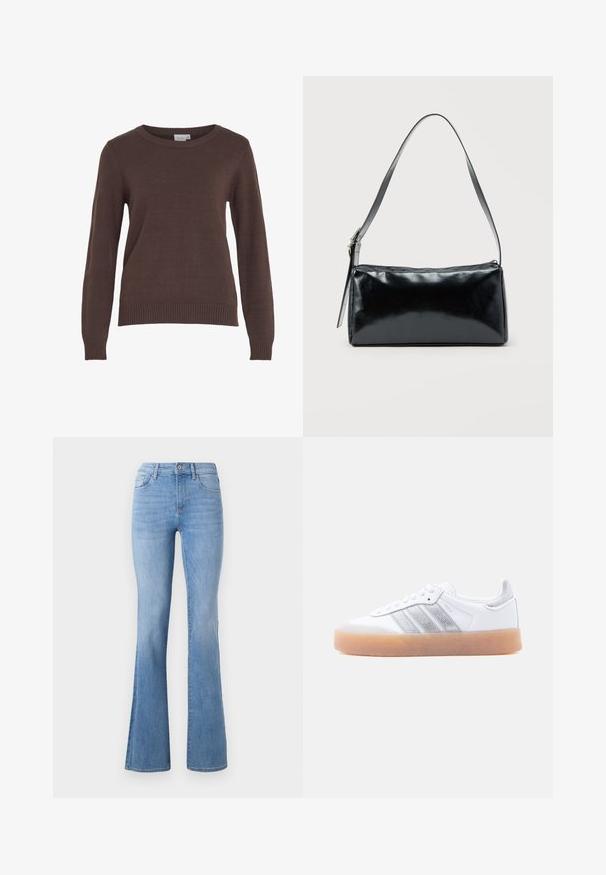 VILA VIRIL O-NECK L/S KNIT TOP - NOOS - Svetrík - coffee bean; Svetlo modré zvonové džínsy so stredným pásom, klasickým dizajnom s piatimi vreckami a jemným vyblednutím pozdĺž nôh. Textúra denimu.; Biela nízka teniska s gumovou podrážkou, striebornými pruhovanými bočnými detailmi a šnurovacím zapínaním, zobrazená na jednofarebnom svetlom pozadí.; Čierna obdĺžniková kabelka na rameno s jedným nastaviteľným remienkom a horným zipsom na jednofarebnom pozadí.