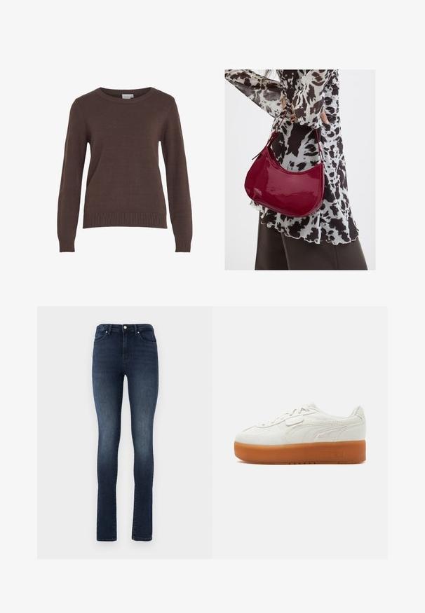 VILA VIRIL O-NECK L/S KNIT TOP - NOOS - Striktrøje - coffee bean; Mørk vaske denimjeans med slim fit, høj talje, fem lomme-design og metalknaplukning. Glat tekstur med let fading.; Hvid lavsko med tyk brun gummisål, syningsdetaljer på siden og snørelukning med lille velcrostykke.; Kvinde iført en sort- og hvidmønstret bluse, der holder en blank rød skuldertaske mod en ensfarvet baggrund.