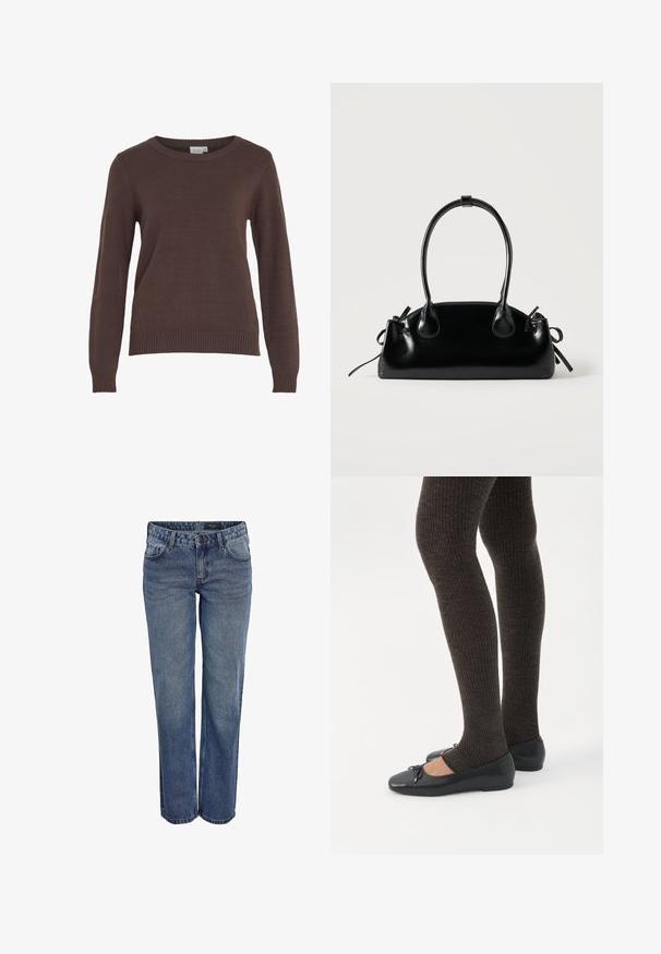 VILA VIRIL O-NECK L/S KNIT TOP - NOOS - Striktrøje - coffee bean; Blå denim jeans med en lige benudskæring, der har et klassisk fem-lomme design, diskrete stikninger og en knaplukning.; Ben iført mørke ribbede leggings kombineret med sorte balletsko med små sløjfedetaljer på hvid baggrund.; Lille sort blank håndtaske med to lange håndtag og snøre-detaljer i siden på en ensfarvet lys baggrund.