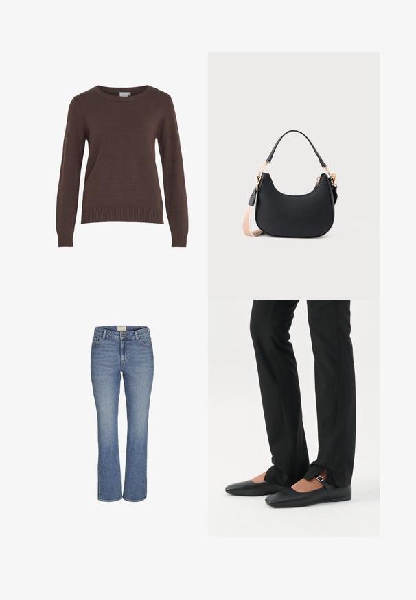 VILA VIRIL O-NECK L/S KNIT TOP - NOOS - Trui - coffee bean; Mid-blauwe rechte denim jeans met een sluiting van knoop en rits aan de voorkant, riemlussen en voor- en achterzakken.; Benen met zwarte smalle broek met voorsplitten aan de zoom, gecombineerd met zwarte platte Mary Jane-schoenen met een klein gespje.; Zwarte halvemaanvormige handtas met korte strap en een afneembare beige schouderriem, voorzien van gouden hardware en een ritssluiting.