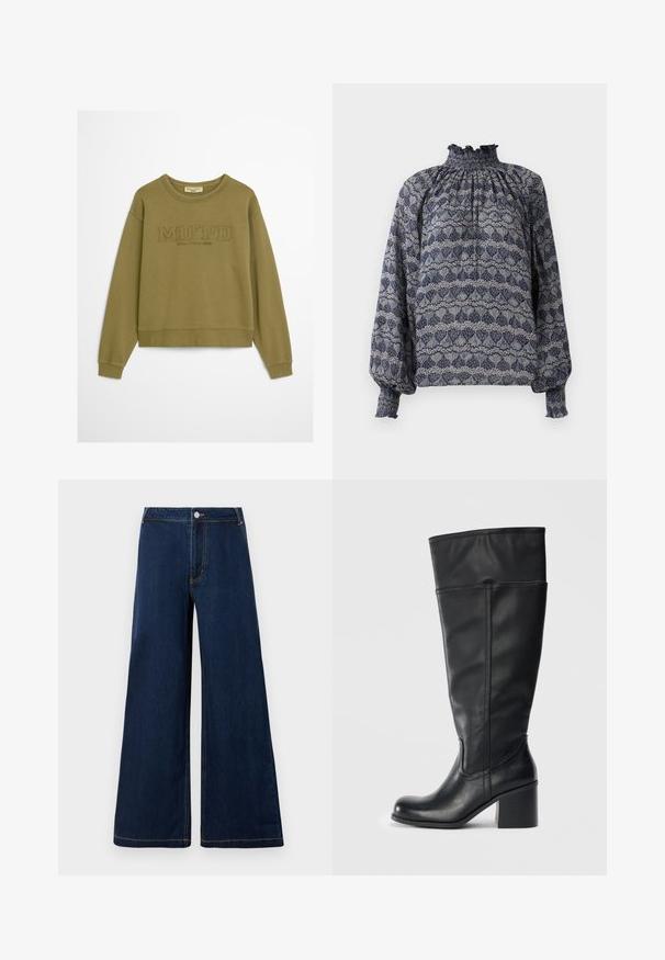 Olijfgroen sweatshirt met ribgebreide cuffs en onderrand. Heeft een reliëftekst "MO'PD" en "Marc O'Polo DENIM" onder de kraag. Zachte stofstructuur.; Langarm blouse in een bloemenpatroon in navy, met een geplooide hoge kraag en gathered mouwen, gemaakt van lichte stof met textuurdetails.; Wijduitlopende denim jeans in donkerblauw met gouden stiksels, voorzien van een voorknop- en ritssluiting en een klassiek vijf-pocket ontwerp.; Knielange zwarte leren laarzen met een blokhak, een gladde textuur en stikseldetails langs de zijkanten. Eenvoudig en modern ontwerp.