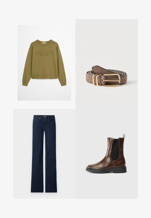 Olivenfarbener Pullover mit gerippten Bündchen und Saum. Hat geprägt Text "MO'PD" und "Marc O'Polo DENIM" unter dem Kragen. Weiche Stofftextur.; Dunkelblaue High-Waist Denim-Jeans mit geraden, weiten Beinen, vorderen Taschen und Kupfernieten auf weißem Hintergrund.; Braune Leder Chelsea-Boots mit schwarzem elastischem Seitenteil, schwarzer Sohle und Ziehschlaufe hinten auf einem schlichten weißen Hintergrund.; Gerollter brauner Wildledergürtel mit rechteckiger goldener Schnalle und zwei goldenen Gürtelschlaufen auf einem schlichten hellen Hintergrund.