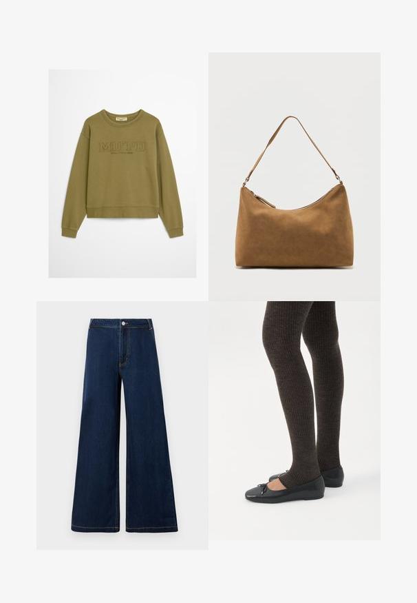 Olijfgroen sweatshirt met ribgebreide cuffs en onderrand. Heeft een reliëftekst "MO'PD" en "Marc O'Polo DENIM" onder de kraag. Zachte stofstructuur.; Wijduitlopende denim jeans in donkerblauw met gouden stiksels, voorzien van een voorknop- en ritssluiting en een klassiek vijf-pocket ontwerp.; Benen met donkere geribbelde leggings gecombineerd met zwarte ballerina's met kleine strikdetails op een witte achtergrond.; Bruine suède schoudertas met een enkele band en een ritssluiting aan de bovenkant, gepresenteerd tegen een effen witte achtergrond.