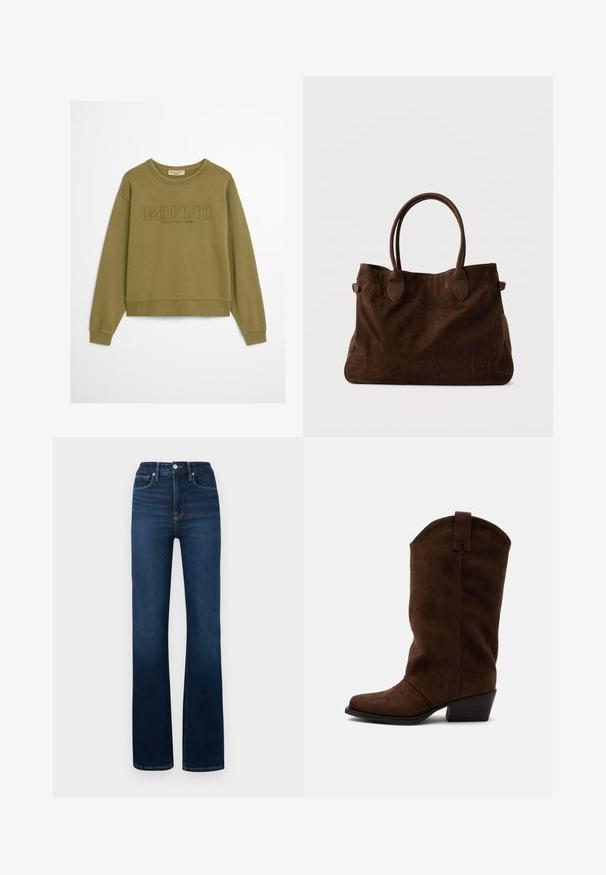 Olijfgroen sweatshirt met ribgebreide cuffs en onderrand. Heeft een reliëftekst "MO'PD" en "Marc O'Polo DENIM" onder de kraag. Zachte stofstructuur.; Good American GOOD CLASSIC BOOT - Bootcut jeans - indigo; Bruine suède cowboylaars tot halverwege de kuit met een lage gestapelde hak en een trek lus op een eenvoudige lichte achtergrond.; Bruine suède tote bag met twee lange handvatten, ovale accenten en een ruime uitstraling. Zachte textuur en minimalistisch uiterlijk.