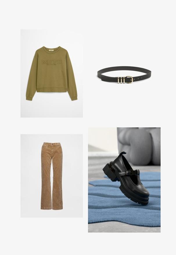 Olivovo zelená mikina so žebrovanými manžetami a spodným lemom. Obsahuje embosovaný text "MO'PD" a "Marc O'Polo DENIM" pod golierom. Jemná textúra tkaniny.; Hnedé zamatové rozšírené džínsy s gombíkovým zapínaním, prednými vreckami a jemnou textúrou, navrhnuté pre priliehavý pás a voľné nohavice.; Čierna kožená obuv Mary Jane s hrubou podrážkou a remienkom s prackou, zobrazená nad modrým textúrovaným kobercom na sivom podlaží.; Čierny kožený opasok s textúrou, ktorý má zlatú kovovú sponu so tromi horizontálnymi pruhmi a viacerými otvormi na nastavovanie.