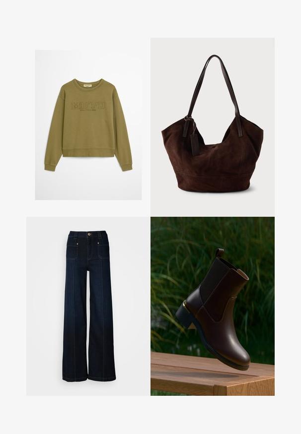 Olivenfarbener Pullover mit gerippten Bündchen und Saum. Hat geprägt Text "MO'PD" und "Marc O'Polo DENIM" unter dem Kragen. Weiche Stofftextur.; Weite, dunkelblaue Jeans mit weitem Bein. Verfügt über Fronttaschen, goldenes Zubehör und Kontrastnähte. Glatte Textur mit einem lässigen Design.; Dunkelbrauner Leder-Knöchelboot mit elastischem Seiteneinsatz und niedrigem Absatz, schwebend über einer Holzoberfläche mit unscharfem grünem Laub im Hintergrund.; Braune Wildleder-Handtasche mit einer weichen, lässigen Form. Verfügt über Ledergriffe und einen Etikettenakzent. Schlichte Textur mit geschwungenen Nähten.