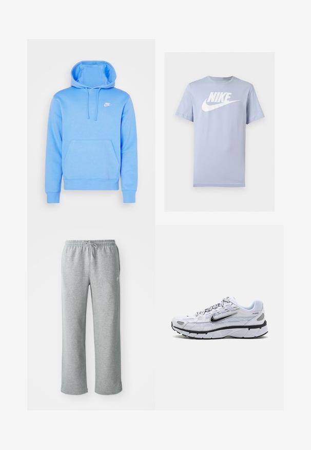 Svetlomodrá mikina Nike vyrobená z mäkkej tkaniny s predným vreckom, kapucňou na šnúrku a bielym logom na hrudi. Klasický puloverový dizajn.; Svetlomodré krátke bavlnené tričko s bielym logom Nike a grafikou Swoosh na hrudi, zobrazené na jednoduchom pozadí.; Šedé bavlnené tepláky s elastickým pásom, sťahovacou šnúrkou a rovnými nohavicami. Obsahuje malé logo v hornej ľavej časti.; Biele bežecké topánky s textilným zvrškom, zaoblenou špičkou, čiernymi akcentmi a vzorovanou podrážkou. Obsahujú šnurovanie a značku na boku.