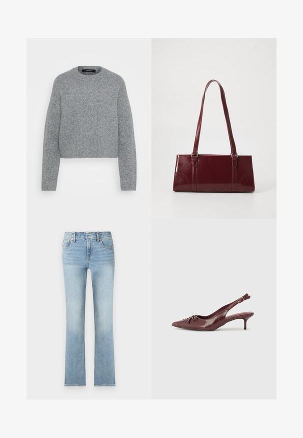 Pull en maille gris doux à manches longues avec col rond et poignets, ourlet et encolure côtelés, présenté sur un fond uni.; Jean bleu clair taille haute, coupe droite, poches avant, passants pour ceinture et détails en rivets cuivre.; Talons slingback en cuir bordeaux avec un embout pointu, une sangle ajustable et un détail de nœud décoratif à l'avant. Hauteur du talon de 7,5 cm.; Sac à main bordeaux en matériau brillant, de forme rectangulaire, avec deux anses et des accents légèrement courbés à l'avant.
