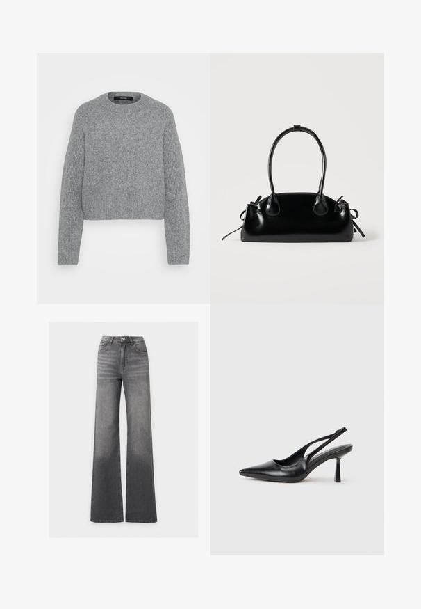 Pull en maille gris doux à manches longues avec col rond et poignets, ourlet et encolure côtelés, présenté sur un fond uni.; Jean en denim gris taille haute avec une coupe large, fermeture à boutons et zip à l'avant, poches devant et derrière.; Chaussure à talon haut en cuir noir, à bride arrière, avec un bout pointu et un talon fin sur fond blanc.; Petit sac à main noir brillant avec deux longues anses et des détails à cordon sur les côtés sur un fond clair uni.
