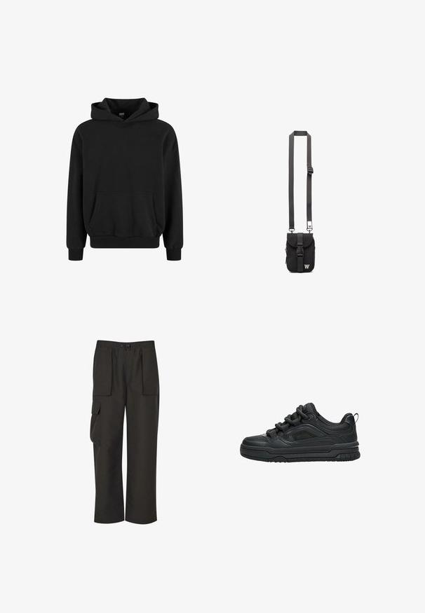 Schwarzer Hoodie mit Kängurutasche, weiten Ärmeln und gerippten Bündchen sowie Saum. Hergestellt aus weichem Stoff mit glatter Textur.; Urban Classics TECHNICAL - Cargohose - black; Schwarzer Low-Top-Sneaker mit dicker Sohle, gepolstertem Kragen, Mesh-Einsätzen und kräftigen Schnürsenkeln, dargestellt vor weißem Hintergrund.; Schwarze Stoff-Crossbody-Tasche mit verstellbarem Riemen, Klappe vorne und Reißverschlusstasche. Mit gebrandeten Beschlägen und kompaktem rechteckigem Design.