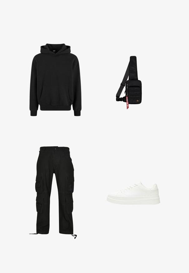 Schwarzer Hoodie mit Kängurutasche, weiten Ärmeln und gerippten Bündchen sowie Saum. Hergestellt aus weichem Stoff mit glatter Textur.; Schwarze Cargo-Hosen aus strapazierfähigem Material, mit mehreren Seitentaschen, lässiger Passform und verstellbaren Fußgelenkriemen.; Weiße Sneaker mit einem glatten Lederoberteil, flachen Schnürsenkeln und einer dicken Gummisohle. Das minimalistische Design verfügt über subtile Nähte und nahtlose Akzente.; Schwarze Umhängetasche aus strukturiertem Stoff. Ausgestattet mit einem Reißverschluss-Hauptfach, einer vorderen Tasche mit Gurtband, verstellbarem Riemen und einem dekorativen Anhänger.