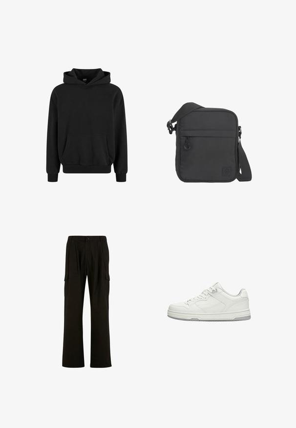 Schwarzer Hoodie mit Kängurutasche, weiten Ärmeln und gerippten Bündchen sowie Saum. Hergestellt aus weichem Stoff mit glatter Textur.; Urban Classics WIDE - Cargohose - black; Weißer Sneaker mit niedrigem Schaft, Schnürung vorne, detaillierter Naht und grauer Gummisohle auf weißem Hintergrund.; Schwarze quadratische Umhängetasche mit verstellbarem Schulterriemen, Frontreißverschlusstasche und kleinem aufgenähtem Logopatch in der unteren rechten Ecke.