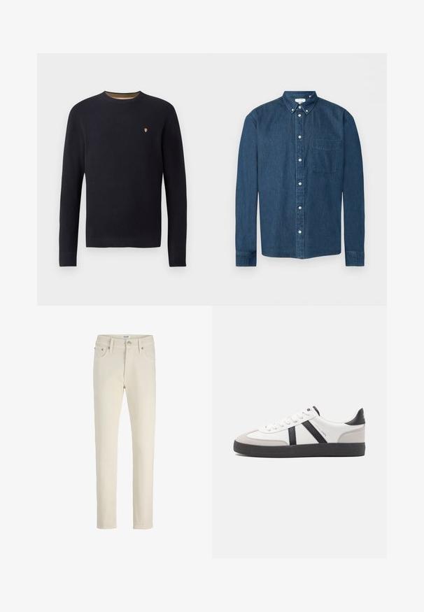 Marineblauwe gebreide trui met een ronde hals, ribbel manchetten en een klein embleem op de borst. Gestructureerde stof met een subtiel patroon.; Donkerblauw denim overhemd met knopen, lange mouwen, een voorzak aan de linkerkant en een button-down kraag, weergegeven op een witte achtergrond.; Beige denim broek met rechte pijpen, vijf zakken, metalen knoop en subtiele textuur. Eenvoudige en veelzijdige stijl.; Witte sneaker met zwarte en grijze accenten, voorzien van een grijze neus met textuur, zwarte rubberen zool en platte witte veters. Schoon ontwerp, minimalistische stijl.