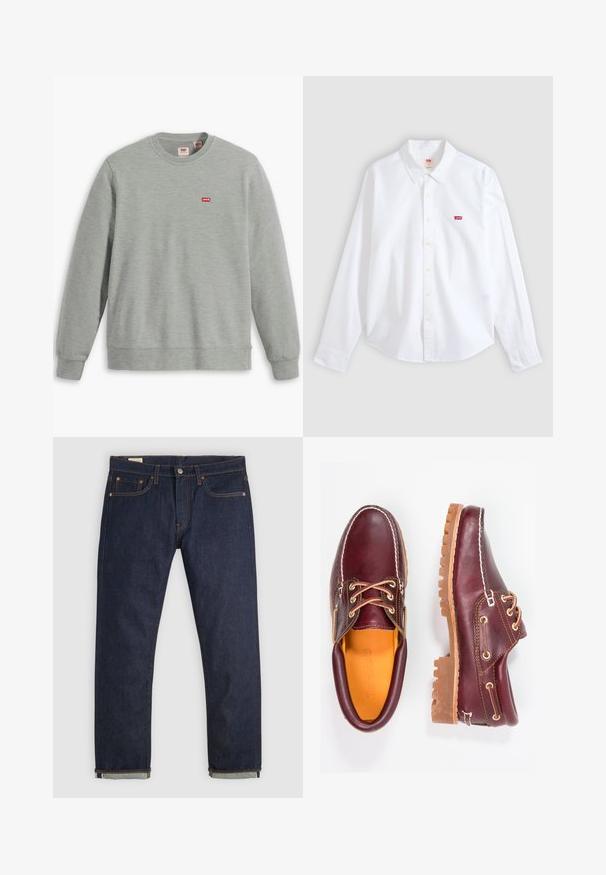 Sweatshirt gris en tissu doux. Présente un col rond et des manches longues. Affiche un petit logo rouge Levi's sur la poitrine.; Chemise blanche à manches longues, boutonnée, avec col et petit logo rouge Levi's sur le côté gauche de la poitrine sur un fond neutre.; Jean en denim bleu foncé à coupe droite avec revers roulés, design cinq poches, rivets en cuivre et fermeture par bouton sur fond uni.; Chaussures en cuir bourgogne avec semelles en caoutchouc marron, bout rond, couture blanche et œillets dorés. L'intérieur présente une doublure jaune.