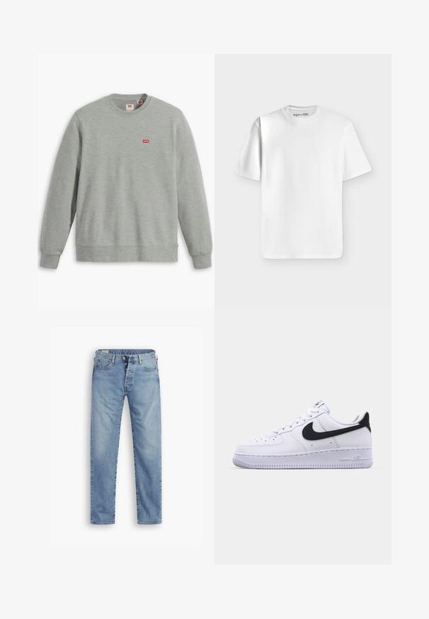 Sweatshirt gris en tissu doux. Présente un col rond et des manches longues. Affiche un petit logo rouge Levi's sur la poitrine.; T-shirt blanc uni à manches courtes et col rond, posé à plat sur un fond gris clair avec une petite étiquette de marque à l’intérieur du col.; Jeans en denim bleu clair à coupe droite. Comprend une fermeture à boutons, cinq poches et une texture légèrement délavée.; Sneaker en cuir blanc avec un Swoosh noir texturé, des lacets plats et une semelle en caoutchouc avec un motif strié. "AIR" est embossé sur le talon.