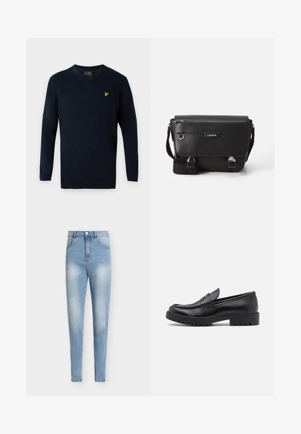 Pull en v-nue bleu marine en tissu doux, avec des manches longues et un petit logo brodé jaune sur la poitrine à gauche.; Jeans taille haute bleu clair en tissu denim. Coupe slim avec détails délavés, cinq poches et une fermeture par bouton métallique.; Mocassins en cuir noir avec un bout arrondi, un design à enfiler et une semelle en caoutchouc épaisse avec une texture antidérapante. Talon surélevé et détails de surpiqûre subtils.; Sac messager Lacoste noir texturé avec bandoulière ajustable, rabat avant, poche zippée et fermetures à boucle en métal.