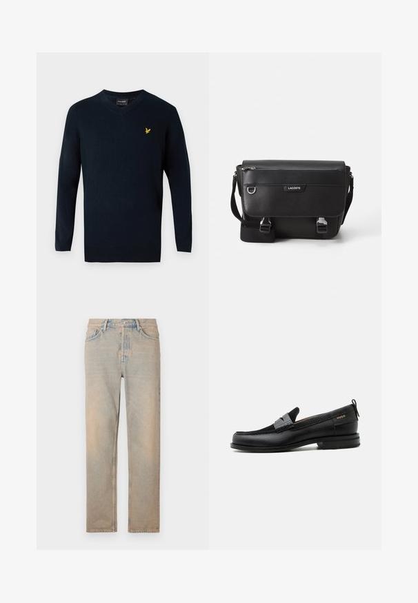 Marineblå v-hals sweater lavet af blødt stof, med lange ærmer og et lille gult broderet logo på venstre brystområde.; Lys beige denim jeans med lige snit. Har fem lommer, en knaplukning og diskret falmning langs stoffets overflade.; Sort læderloafer med grå remdetalje, lav hæl og tekstureret sål, mærket med "HUGO" i guld på siden.; Sort tekstureret Lacoste messengertaske med justerbar rem, frontklap, lynlås lomme og metalspænder.