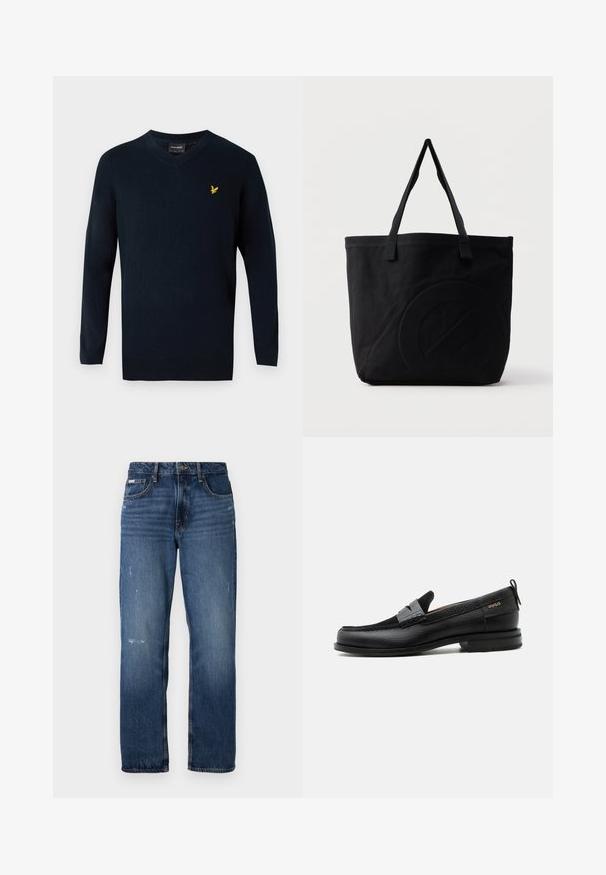 Suéter azul marino de pico fabricado en un tejido suave, con mangas largas y un pequeño logotipo amarillo bordado en la parte izquierda del pecho.; Jeans de mezclilla azul con diseño de pierna recta. Presentan áreas desgastadas y ligero distress en la parte frontal, con un cierre clásico de botón.; Mocasín de cuero negro con detalle de tira gris, tacón bajo y suela texturizada, con la marca "HUGO" en oro en el lateral.; Bolsa tote de lona negra con dos correas para el hombro y un diseño circular en relieve sutil en el frente.