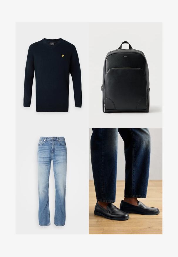 Marineblå v-hals sweater lavet af blødt stof, med lange ærmer og et lille gult broderet logo på venstre brystområde.; Lyseblå denimjeans med lige ben, slidt finish, fem lommer og knaplukning. Klassisk design og medium tykkelse.; Sorte læder loafers med syede detaljer og teksturerede accenter, båret med mørk denim, der viser et afslappet og strømlinet design.; Sort tekstureret læderrygsæk med lomme foran med lynlås, sølv lynlåse, top håndtag og "HUGO" logo foran.