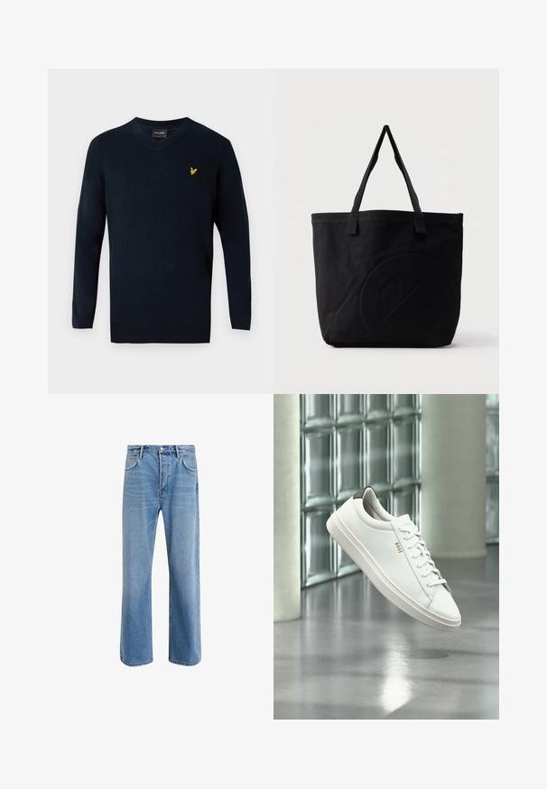 Pull en v-nue bleu marine en tissu doux, avec des manches longues et un petit logo brodé jaune sur la poitrine à gauche.; Jeans en denim bleu clair avec une coupe droite, cinq poches, fermeture à bouton, peu d'usure et des détails de couture contrastés.; Baskets basses en cuir blanc avec lacets, languette de talon noire et logo « BOSS », flottant à l'intérieur près d'un mur en blocs de verre et d'un sol poli.; Sac fourre-tout en toile noire avec deux bandoulières et un motif circulaire discret en relief sur le devant.