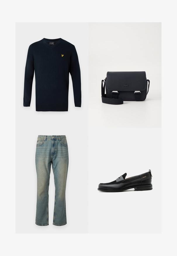 Pull en v-nue bleu marine en tissu doux, avec des manches longues et un petit logo brodé jaune sur la poitrine à gauche.; Jeans en denim bleu délavé avec une jambe droite, cinq poches et une fermeture à bouton. Présente des détails de lavage légèrement plus clair.; Mocassin en cuir noir avec détail de bride grise, talon bas et semelle texturée, marqué "HUGO" en or sur le côté.; Lacoste CLASSIC MESSENGER BAG - Sac bandoulière - noir