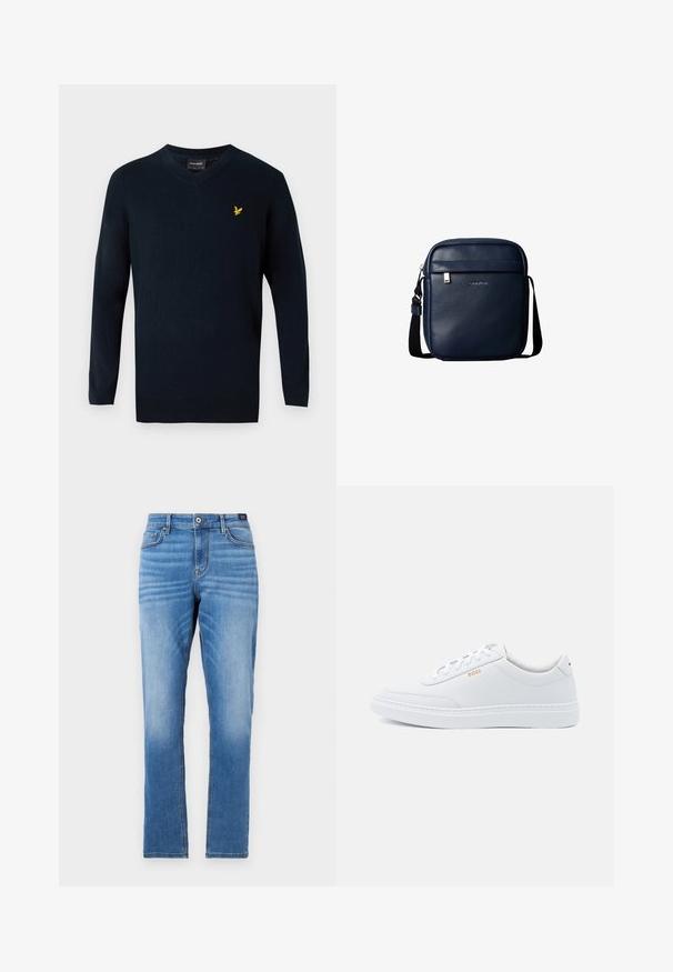 Marineblå v-hals sweater lavet af blødt stof, med lange ærmer og et lille gult broderet logo på venstre brystområde.; Lyseblå denim jeans med lige pasform, fem-lomme design, knaplukning foran og diskret falmning på lårene.; Hvide lædersneakers med glat tekstur, rund tå og ton-i-ton syning. Har blå snørebånd og et gult logo på siden.; Mørkeblå læder crossbody taske med front lynlåslomme og sort justerbar skulderrem.