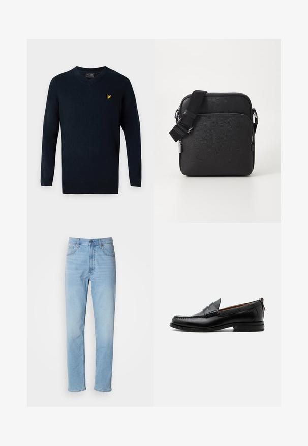Marineblå v-hals sweater lavet af blødt stof, med lange ærmer og et lille gult broderet logo på venstre brystområde.; Lys blå denim jeans med lige pasform, fem lommer og bæltestropper. Stoffet har en glat overflade med en let falmningseffekt.; Sort læder herre loafer med moc-tå syning, penny strop, struktureret krave og lav stablet hæl på hvid baggrund.; Sorth læder crossover taske med en tekstureret overflade, der har en frontlomme med lynlås, justerbar strop og metal hardware detaljer.