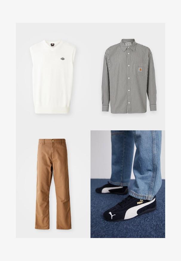 Witte mouwloze trui met V-hals, geribbelde zoom en een klein zwart logo op de linkerkant van de borst, gemaakt van een zachte gebreide stof.; Zwart-wit verticaal gestreept langwerpig shirt met een button-down kraag. Voorzien van een borstzak met een beige logo patch.; Bruine rechte broek met riemlussen, voorkant zakken, knoopsluiting en rits op een witte achtergrond.; Zwarte suède sneakers met witte accenten, voorzien van een gouden logo. Gemaakt met lichtblauwe spijkerbroek en geplaatst op een textuur blauwe ondergrond.
